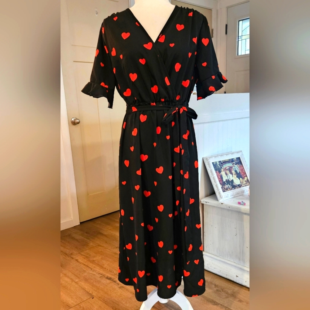 Worn Once - SHEIN - Black with Red Heart Print Dress - Size L
